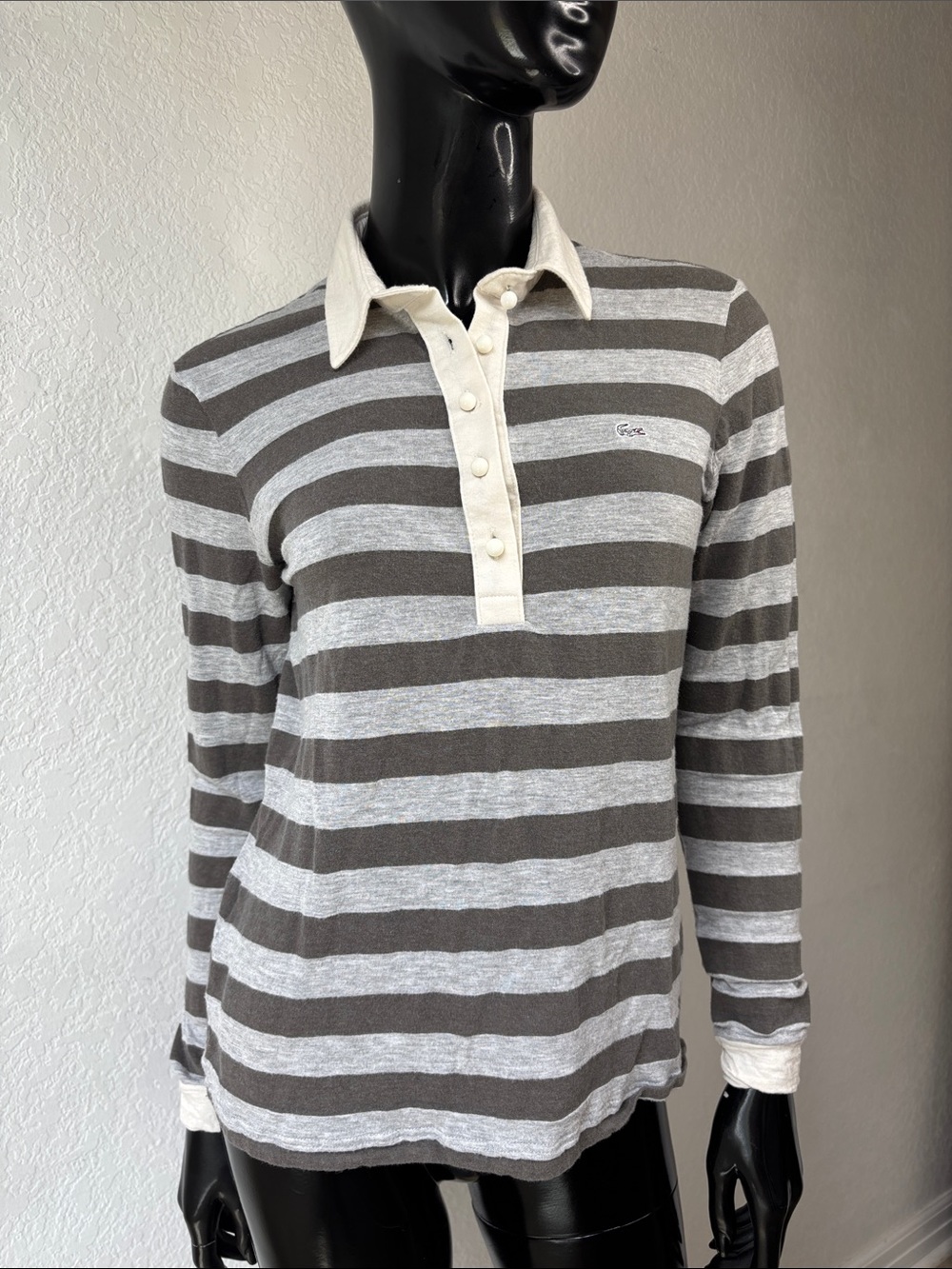 Lacoste Gray & White Striped Long-Sleeve Polo Shirt